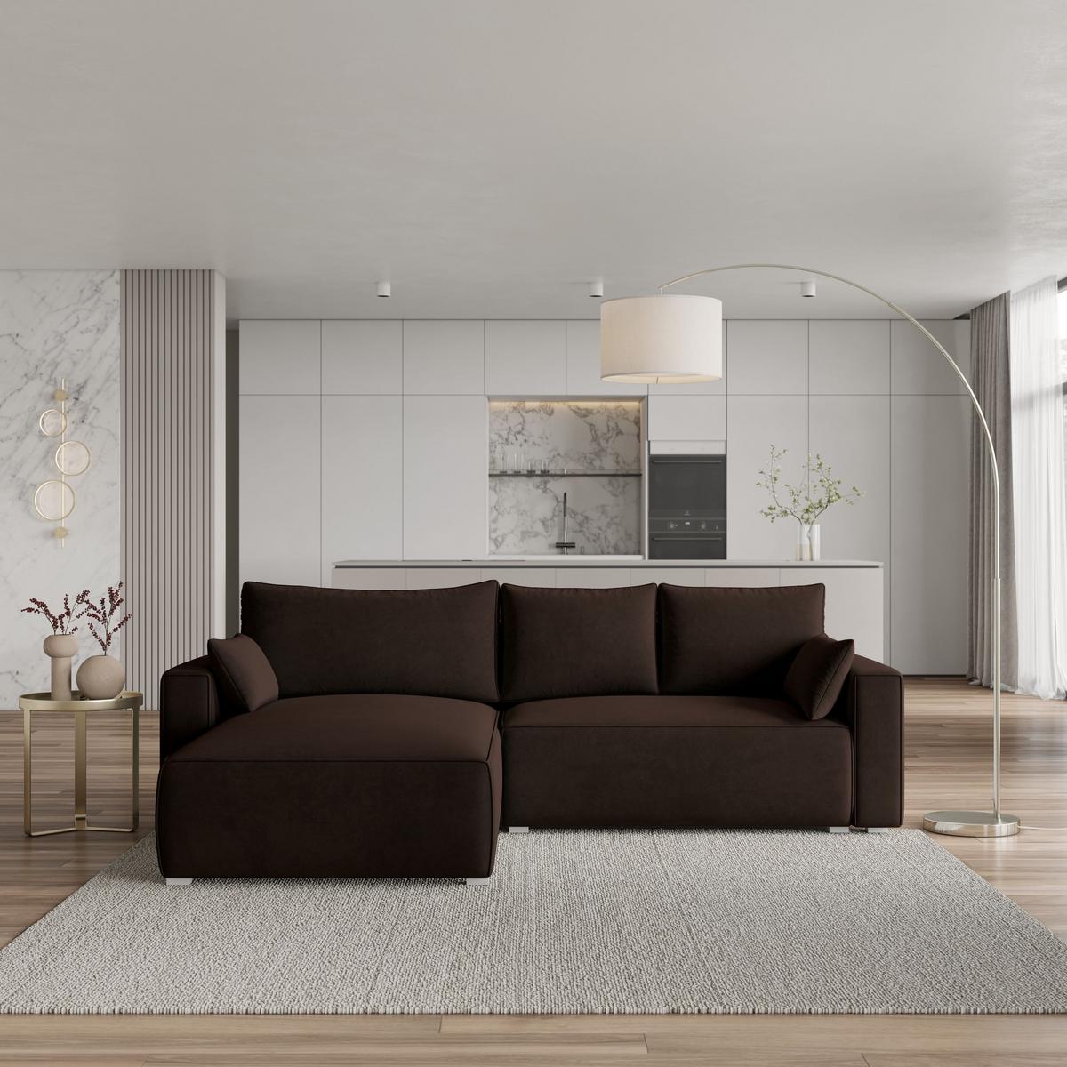 ECKSOFA FORIL Braun Velours-Stoff mit Schlaffunktion - Braun/Grau, Holz/Kunststoff (265/178cm) - MASSENO