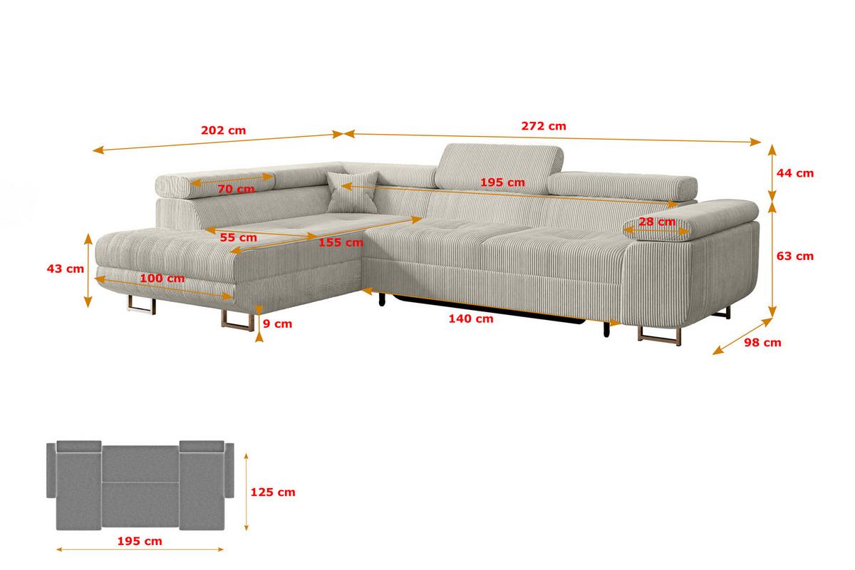 ECKSOFA mit Schlaffunktion und Bettkasten GUSA-L 272x202x107 cm Creme Cord - Silberfarben/Hellgrau, Holzwerkstoff/Textil (202/272cm) - ALTDECOR