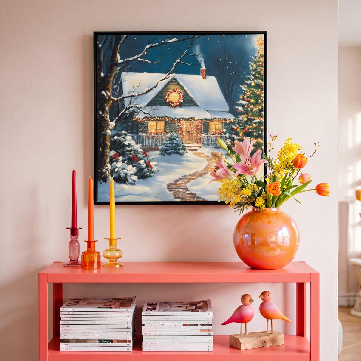LEINWAND Bilder mit Rahmen - Weihnachten - Weihnachtsbaum - Winter - Zuhause - Schnee - 50x50 - Smaragdgrün, Textil (50/50cm) - MuchoWow