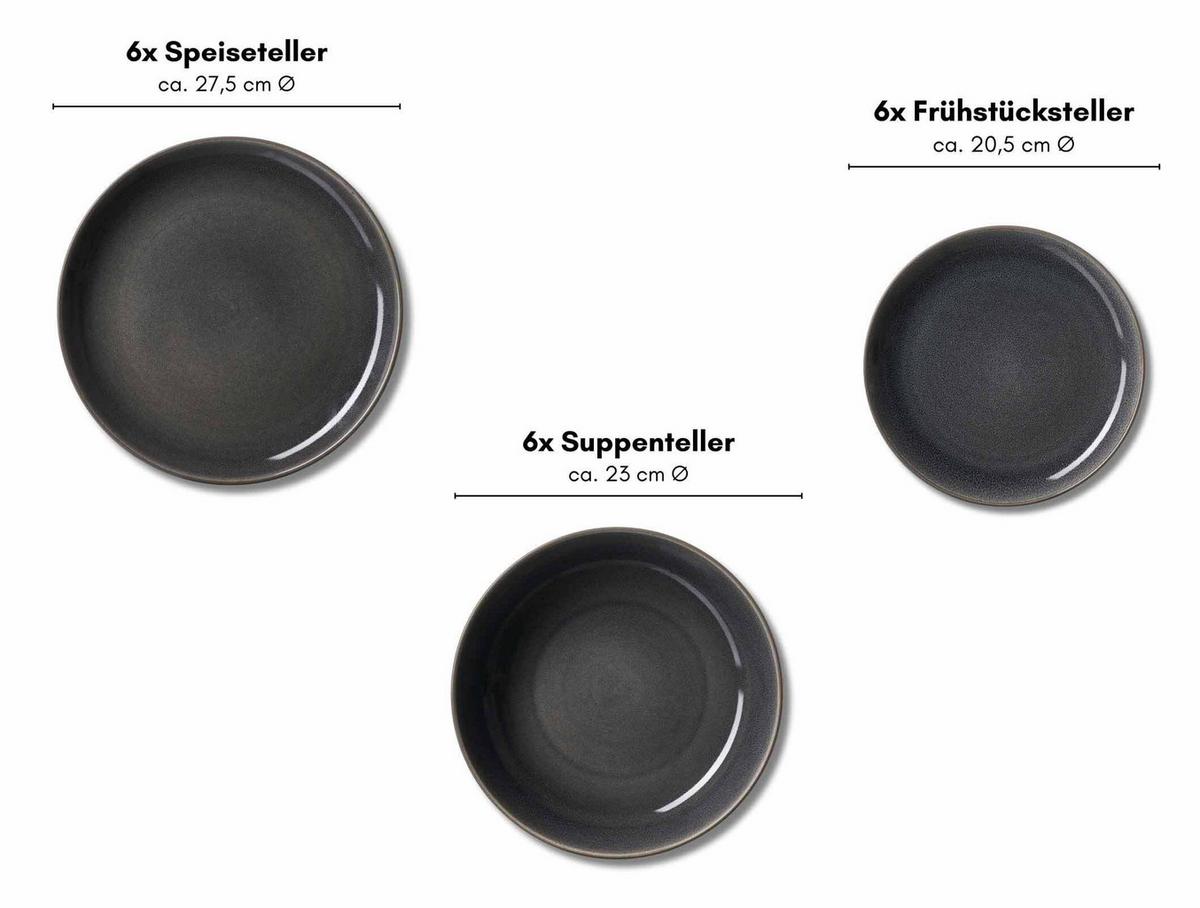 TELLER-SET Toledo dunkelgrau 18-tlg. - Dunkelgrau, Keramik (2/2/2cm) - Ritzenhoff Breker