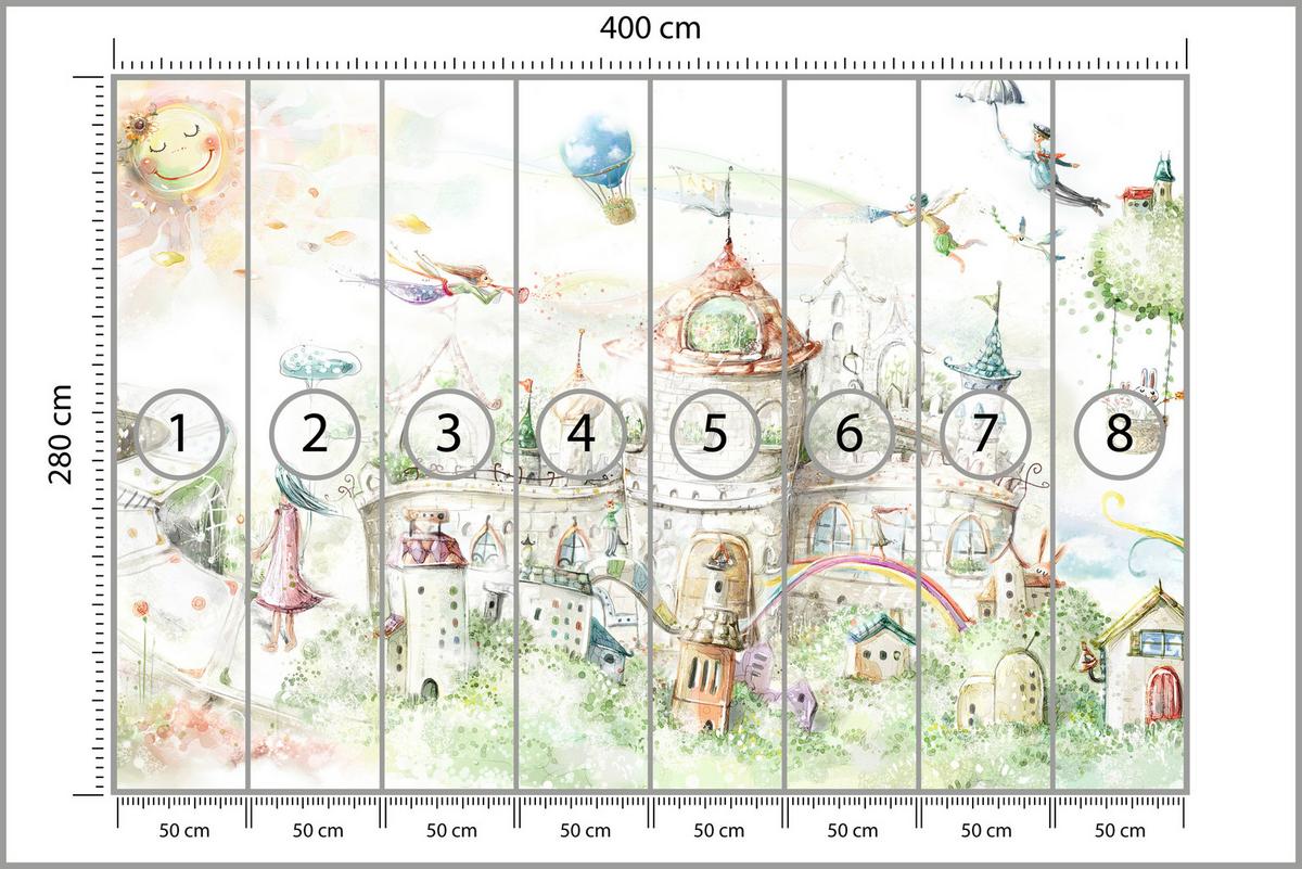 FOTOTAPETE für Kinderzimmer Märchenstadt Schloss Magisch 400x280 - Blau/Gelb, Papier (400/280cm) - Muralo