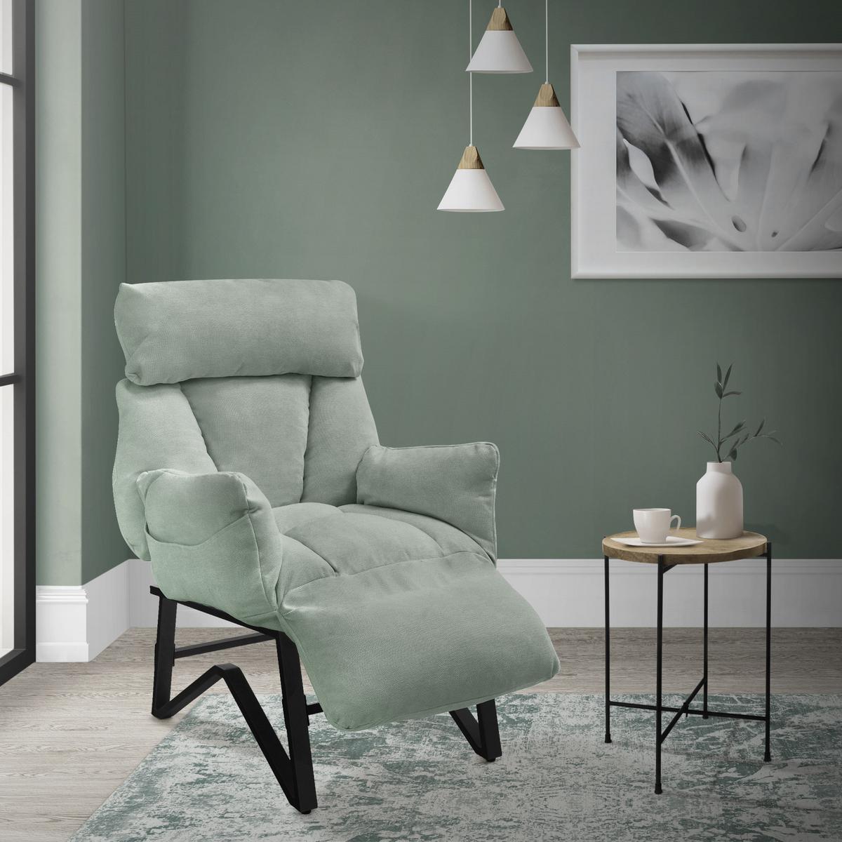 SESSEL mit Liegefunktion Grau-Grün Leinenbezug Relaxsessel verstellbar für Wohnzimmer - Schwarz/Hellgrün, Textil/Metall (85/102/82cm) - ML-DESIGN