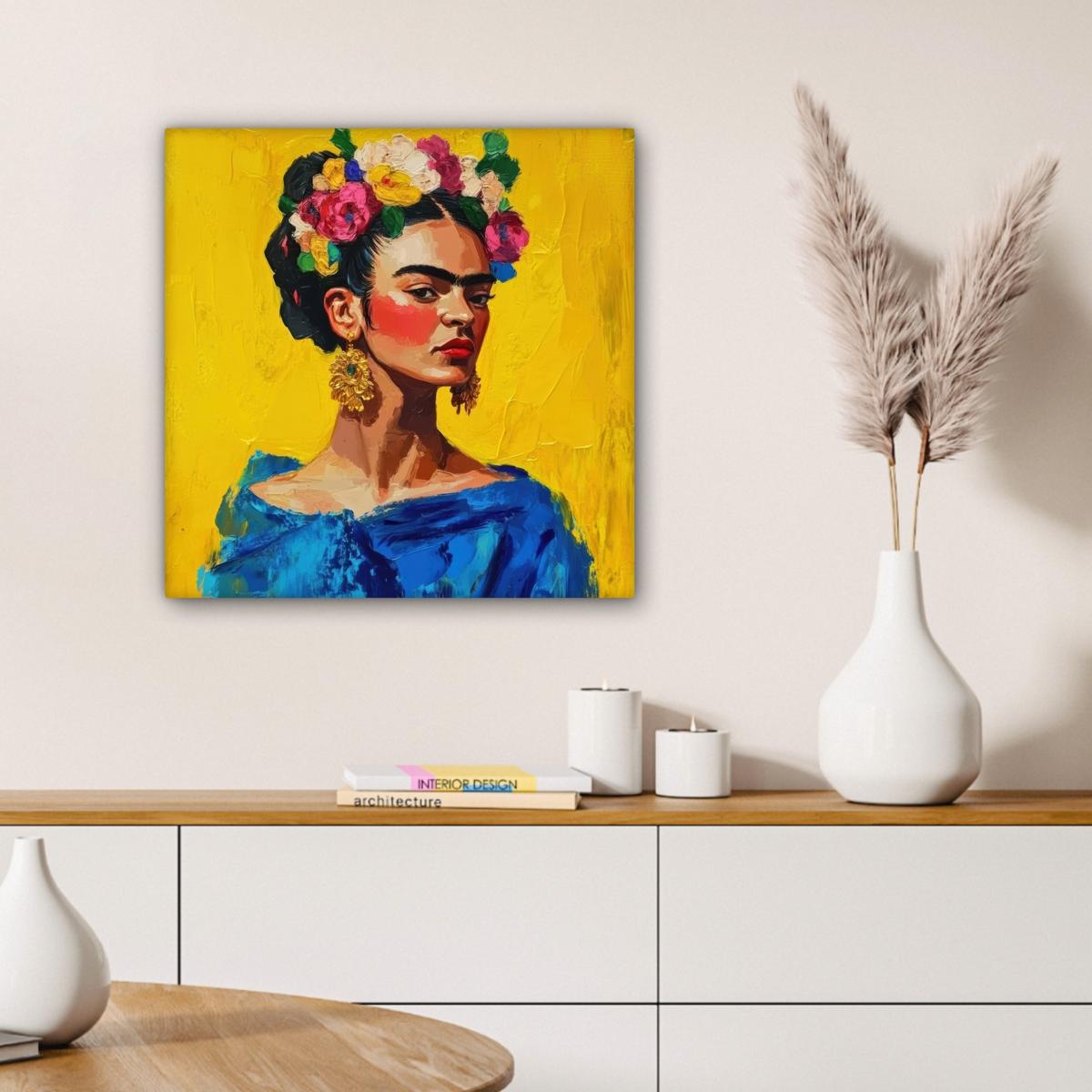 LEINWANDBILD Frida Kahlo - Frau - Gelb - Blau - Blumen Wandbild Wohnzimmer 50x50 cm - Gelb, Textil (50/50cm) - MuchoWow