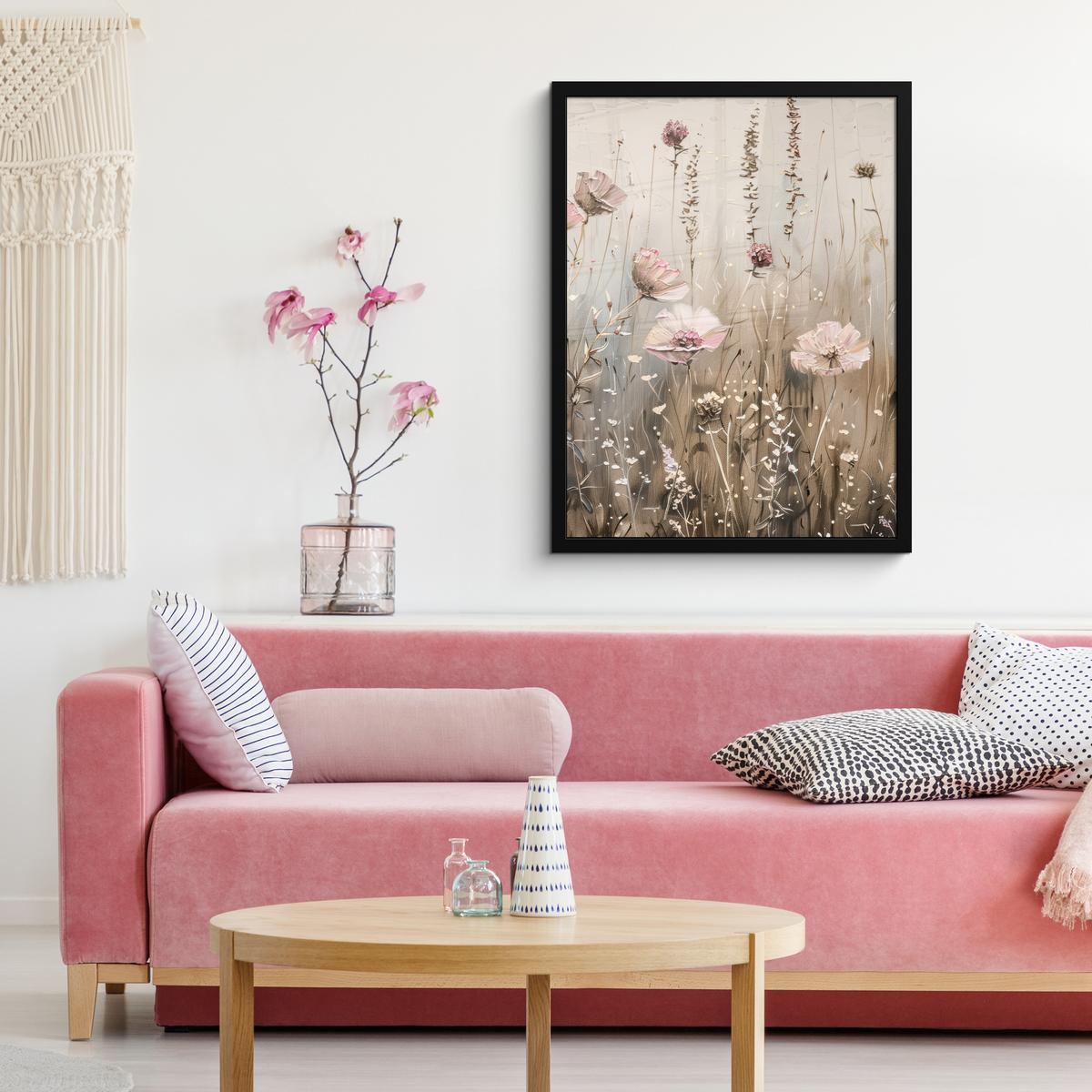 POSTER MIT RAHMEN Blumen - Rosa - Modern - Beige Posterleiste 60x80 cm - Beige, Papier (60/80cm) - MuchoWow