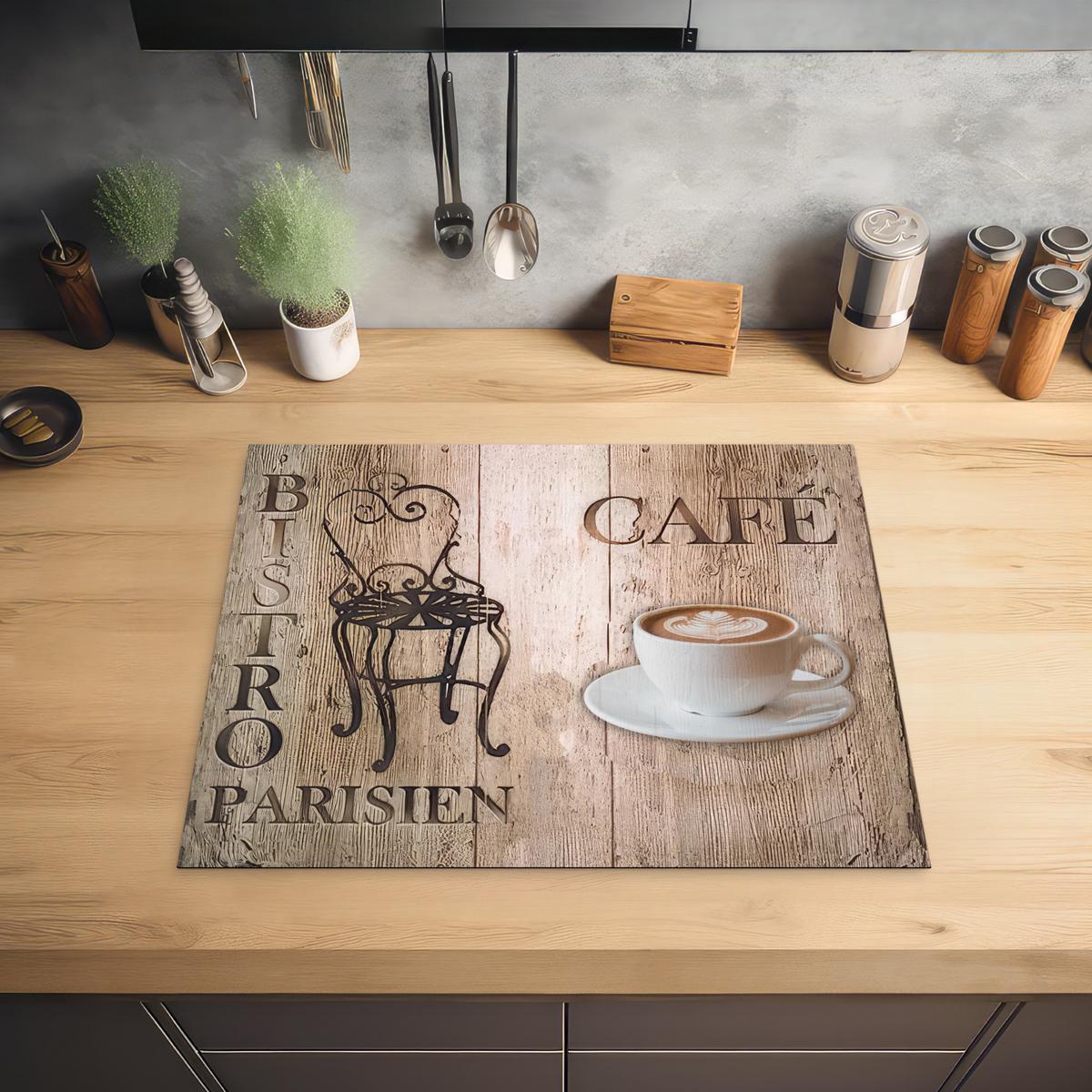 HERDABDECKPLATTE Bistro Parisien - Café - Kaffee - Jahrgang Herdabdeckung Induktionsfeld 65x52 cm - Cappuccino, Kunststoff (65/52/0.2cm) - MuchoWow