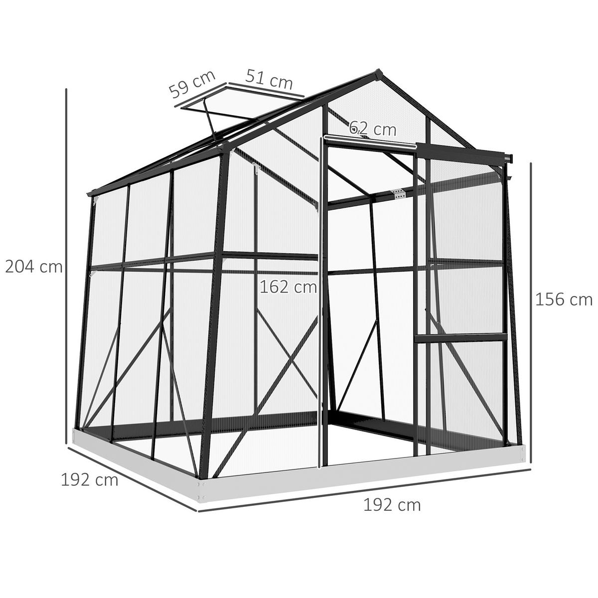FOLIENGEWÄCHSHAUS, Schwarz, Aluminiumlegierung, Polycarbonat - Schwarz, Metall (192/204/192cm) - Outsunny