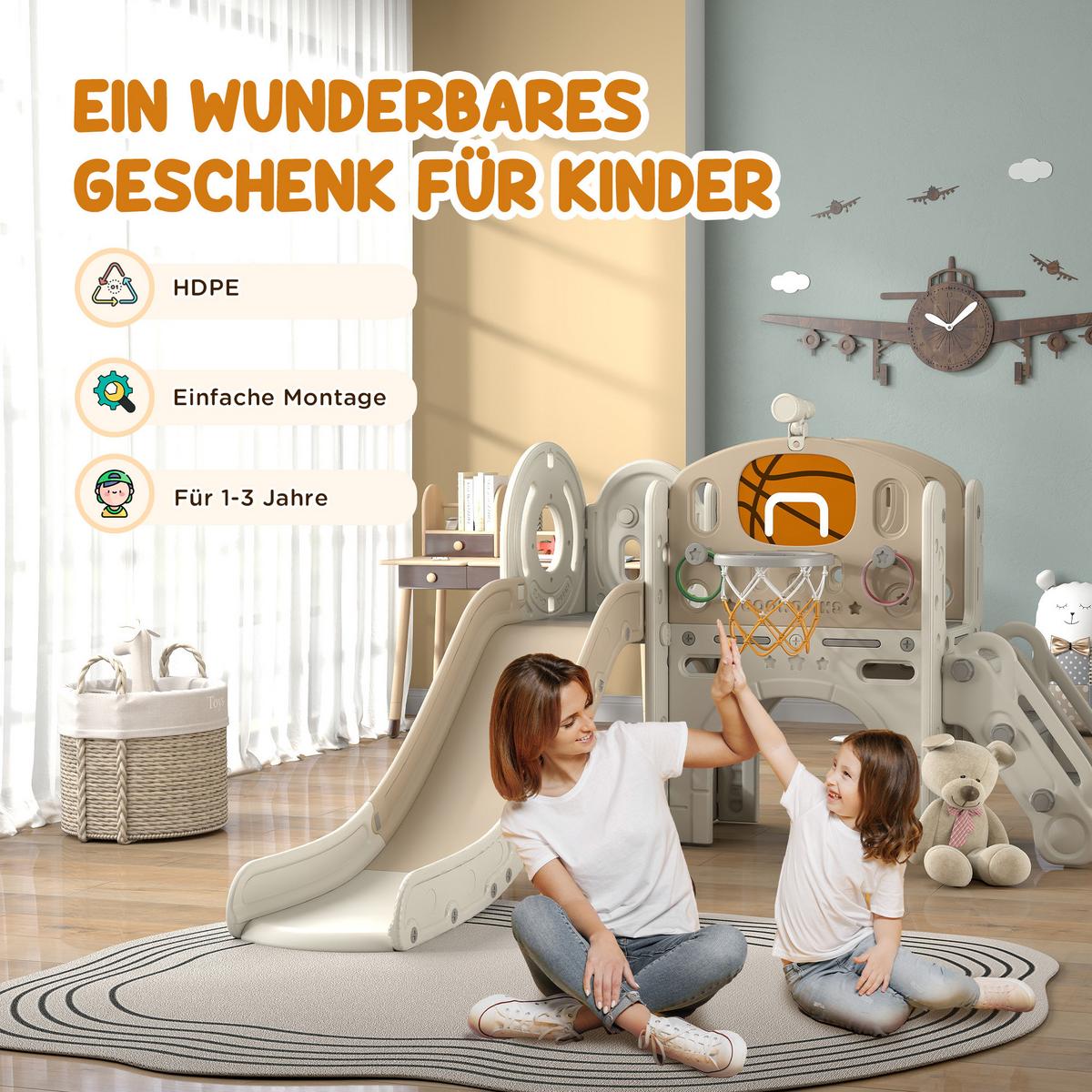 KINDERRUTSCHE, 7-in-1, Kleinkinderrutsche mit Basketballkorb, Klettergerüst - Creme/Weiß, Kunststoff (153/111/186cm) - AIYAPLAY