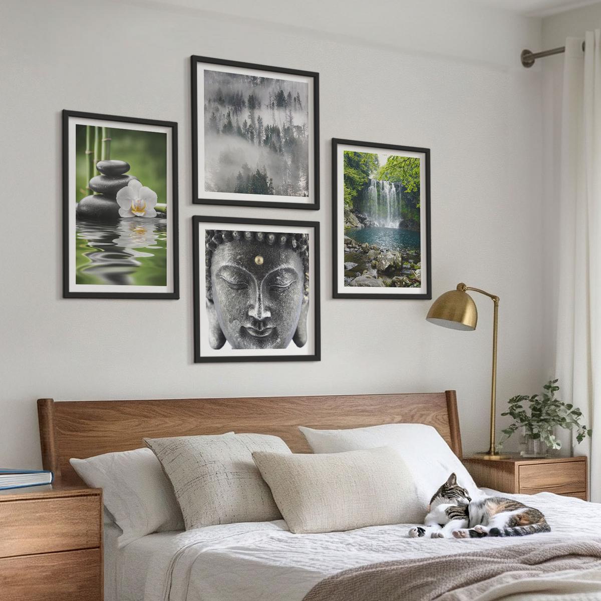 BILDER SET 4er Set - 50x50 cm & 40x60 cm Schwarzer Rahmen - Harmonie der Natur, Steine, Wasser, Buddha - Schwarz, Kunststoff (50/50cm) - TULUP