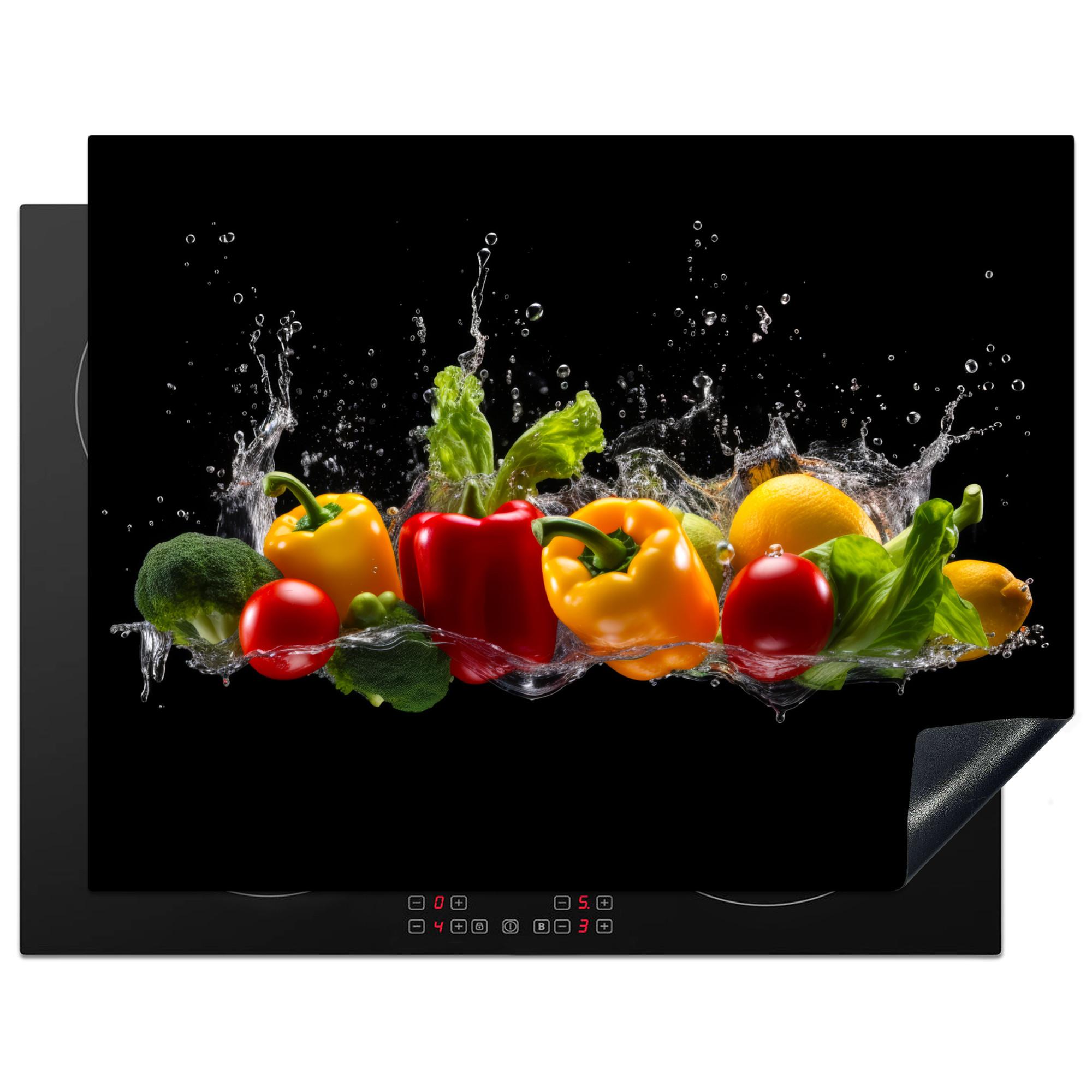 HERDABDECKPLATTE Paprika - Wasser - Gemüse - Schwarz Induktionsmatte 77x59 cm - Multicolor, Kunststoff (77/59/0.2cm) - MuchoWow