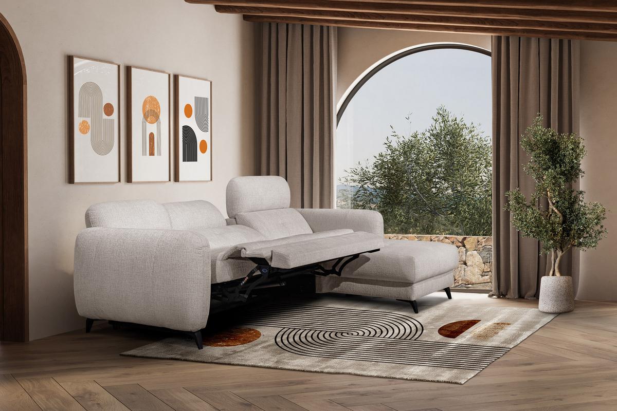 ECKSOFA SVEN 3-Sitzer, 1 Relax XL, verstellbare Kopfstützen, creme - Creme/Schwarz, Holzwerkstoff/Textil (256/163cm) - Wozimo