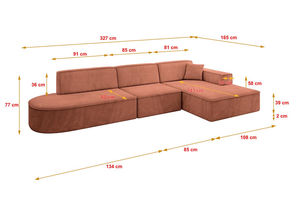 ECKSOFA Ottomane Rechts IREA-L2-v4 - 327x165x77 cm Apricot - Koralle, Holzwerkstoff/Textil (327/165cm) - ALTDECOR