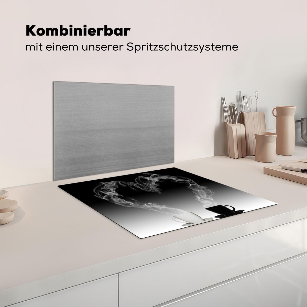 HERDABDECKPLATTE Kaffee - Herz - Schwarz und weiß - Tassen Abdeckung Ceranfeld 59x51 cm - Weiß, Kunststoff (59/51/0.2cm) - MuchoWow