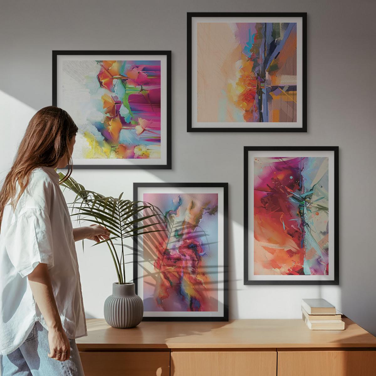 BILDER SET 4er Set - 50x50 cm & 40x60 cm Schwarzer Rahmen - Farbenfrohe Abstraktionen der Form - Schwarz, Kunststoff (50/50cm) - TULUP