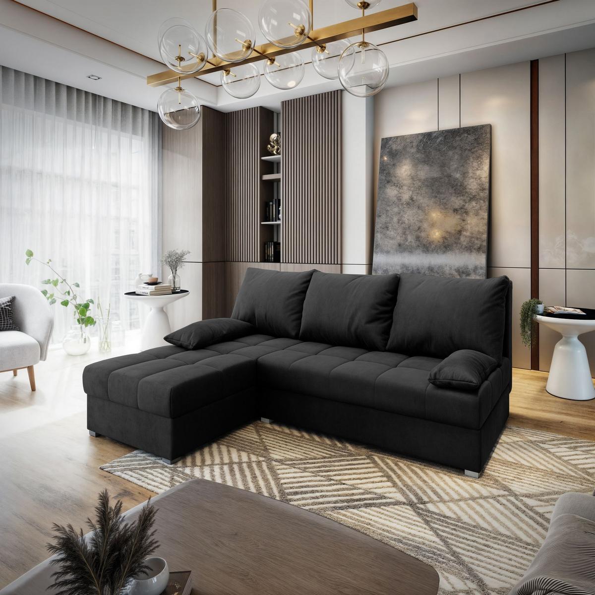 ECKSOFA RITA M Schwarz Velours-Stoff mit Schlaffunktion - Schwarz/Grau, Holz/Kunststoff (200/141cm) - MASSENO