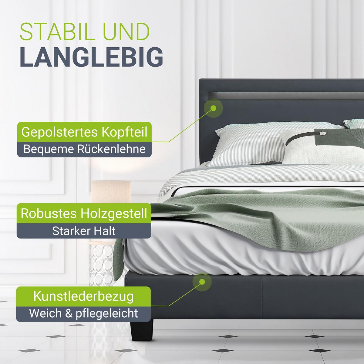 POLSTERBETT Paris dunkelgrau 140x200cm mit Matratze und LED (16 Farben) - Grau, Textil (140/200cm) - Juskys