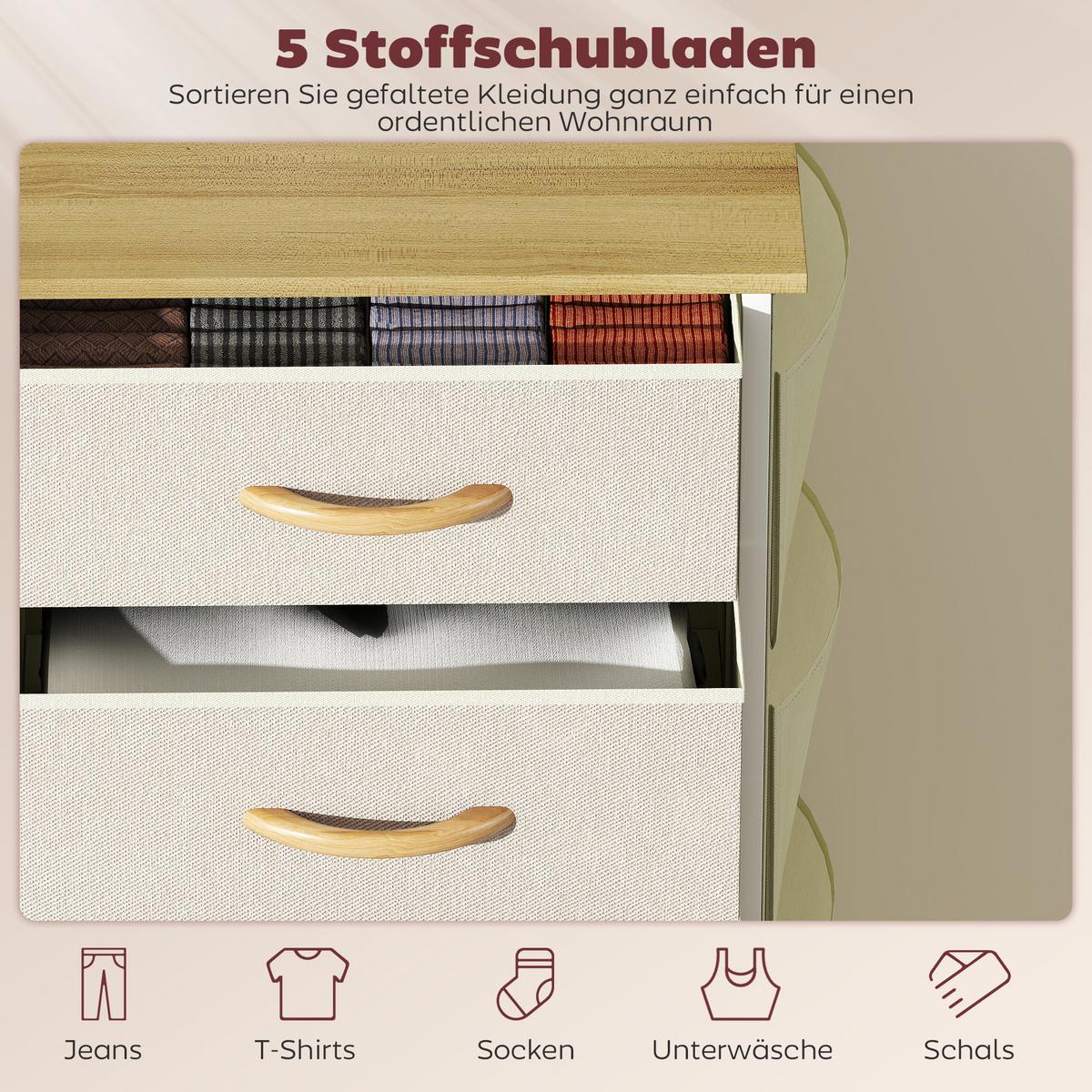 KOMMODE mit 5 Schubladen aus Vliesstoff Beige - Beige/Naturfarben, Holz/Textil (30/94.5/45cm) - HOMCOM