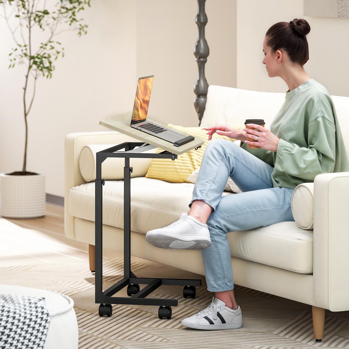 BEISTELLTISCH in C-Form, Höhenverstellbarer Couchtisch mit Rollen Weiß - Eichefarben, Metall (55/36/82.5cm) - HOMCOM