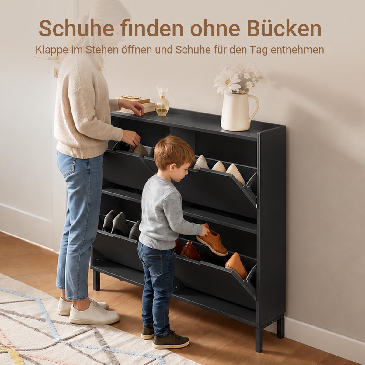 SCHUHSCHRANK schmal, nur 19 cm tief, schwarz, 4 Klappen, 8 Paar, bis EU 46, für Flur & hinter der Tür, 100x91x19 cm - Schwarz, Holzwerkstoff/Metall (100/91/19cm) - SoBuy