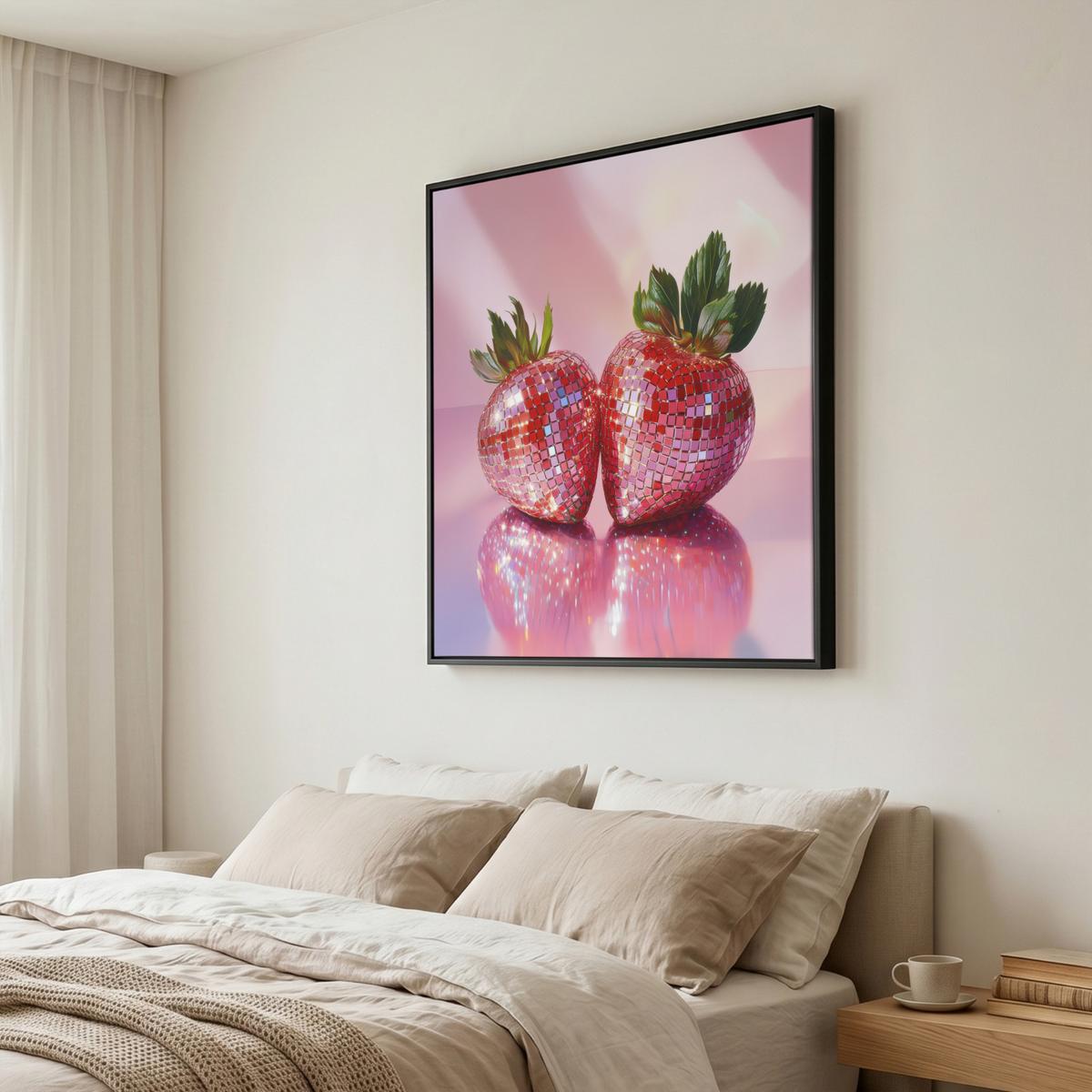 LEINWAND Bilder mit Rahmen - Disco - Obst - Glitzer - Erdbeere - 90x90 - Pink, Textil (90/90cm) - MuchoWow