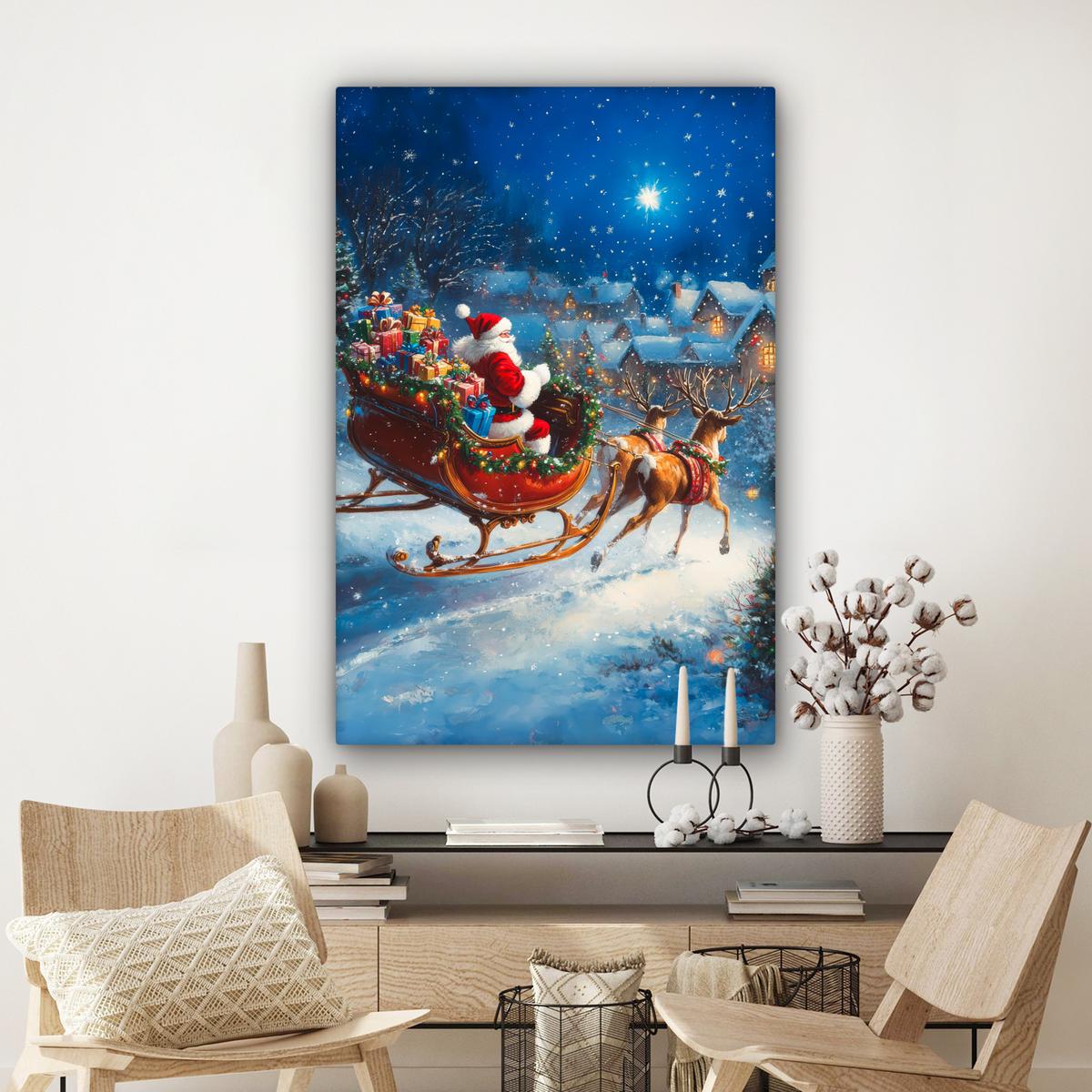 LEINWANDBILD Weihnachtsmann - Rentier - Weihnachten - Schnee Deko XXL 80x120 cm - Cognac, Textil (80/120cm) - MuchoWow