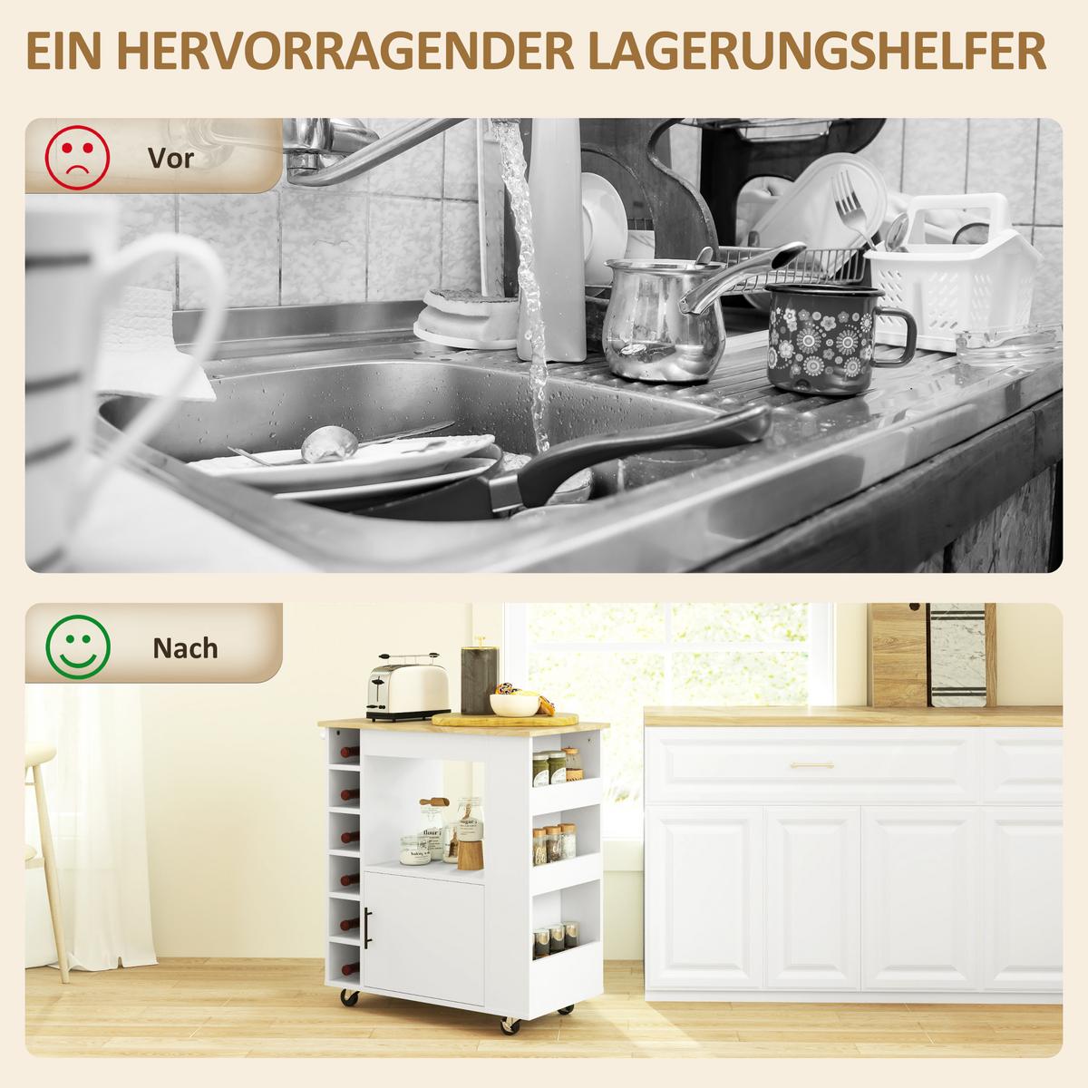 KÜCHENWAGEN Servierwagen mit Schrank, Arbeitsplatte, Ablagen, Weinregalen, Eiche - Eichefarben/Schwarz, Holz/Holzwerkstoff (40/83/83cm) - HOMCOM