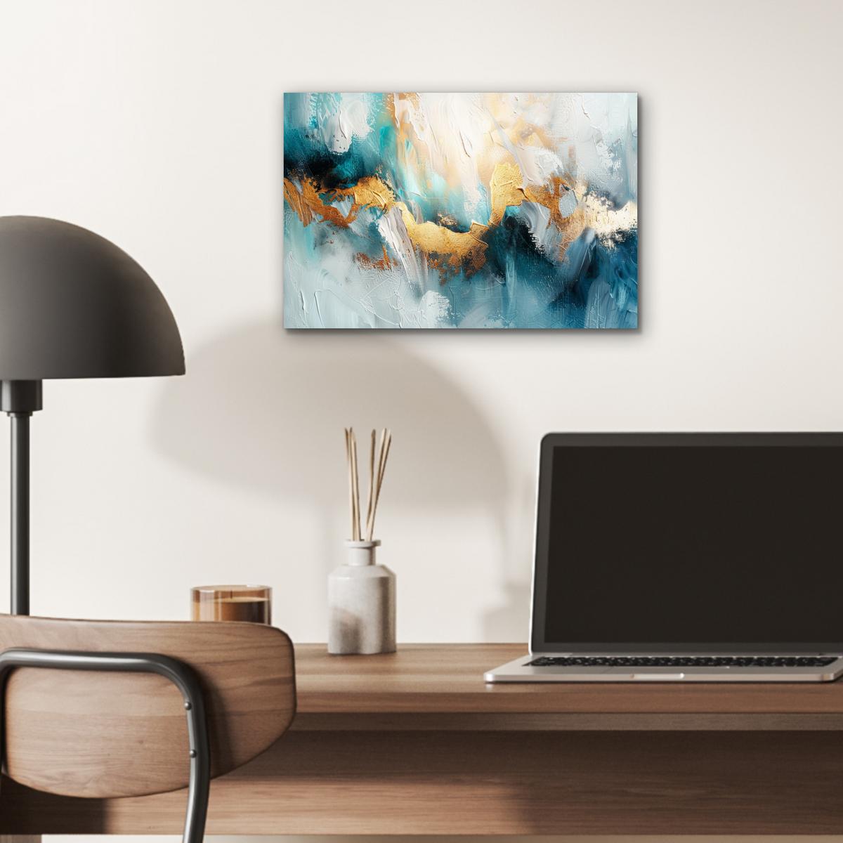 METALLBILD Abstrakt - Kunst - Gold - Blau 30x20 cm - Petrol, Metall (30/20cm) - MuchoWow