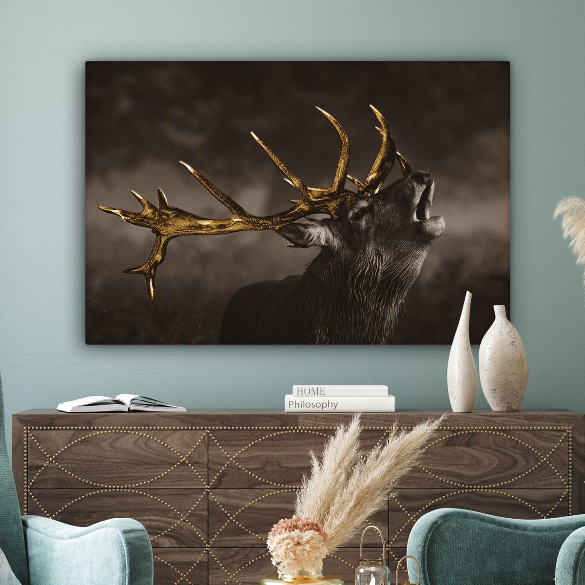 LEINWANDBILD Rotwild - Schwarz - Gold Wohnzimmer Groß 120x80 cm - Braun, Textil (120/80cm) - MuchoWow