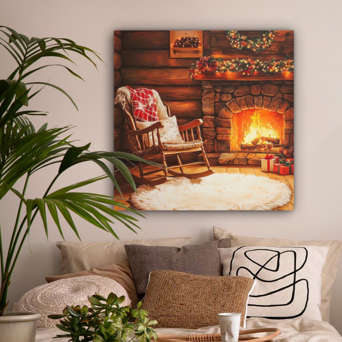 LEINWANDBILD Winter - Weihnachten - Zuhause - Kamin Deko Groß 90x90 cm - Bernsteinfarben, Textil (90/90cm) - MuchoWow