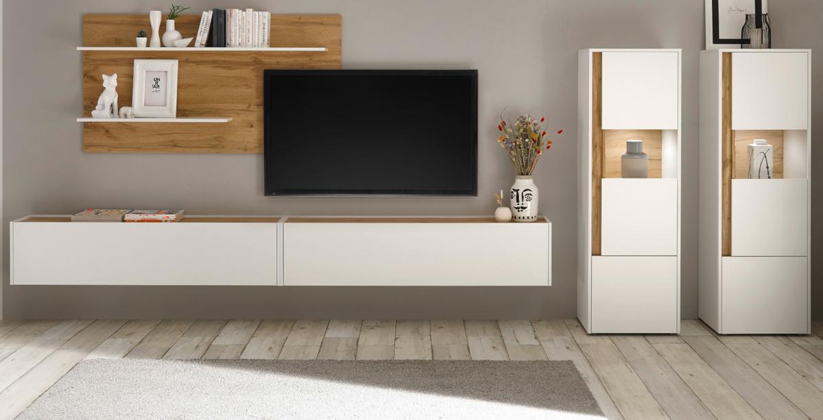 WOHNWAND weiß, Eiche Wotan 5-teilig 440 cm, Schrankwand mit XL Lowboard - Eiche Wotan/Schwarz, Glas/Holz (440/180/40cm) - Furn.Design