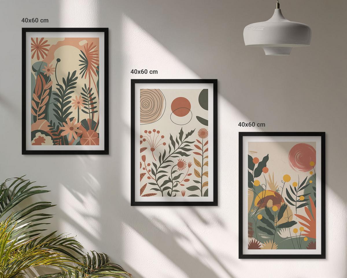BILDER SET 3er Set - 40x60 cm Schwarzer Rahmen - Vintage-Pflanzenmuster in Pastellfarben - Schwarz, Kunststoff (40/60cm) - TULUP