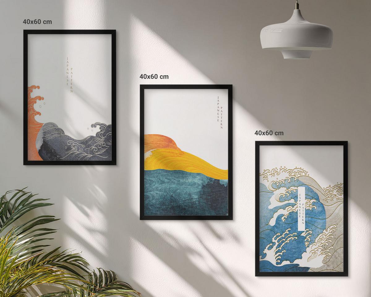 BILDER SET 3er Set - 40x60 cm Schwarzer Rahmen - Wellen des japanischen Grafikstils - Schwarz, Kunststoff (40/60cm) - TULUP