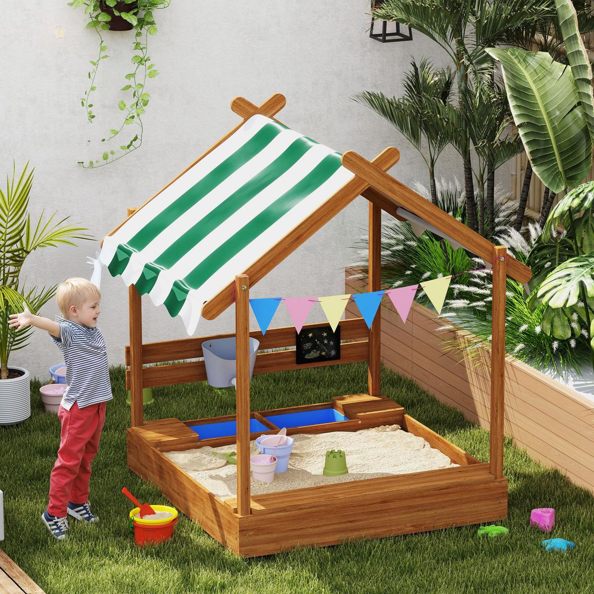 SANDKASTEN mit Dach, Sandkiste aus Holz mit Sitzplatz, Spielhaus für 3-7 Jahre - Orange, Holz (124/116/146cm) - Outsunny