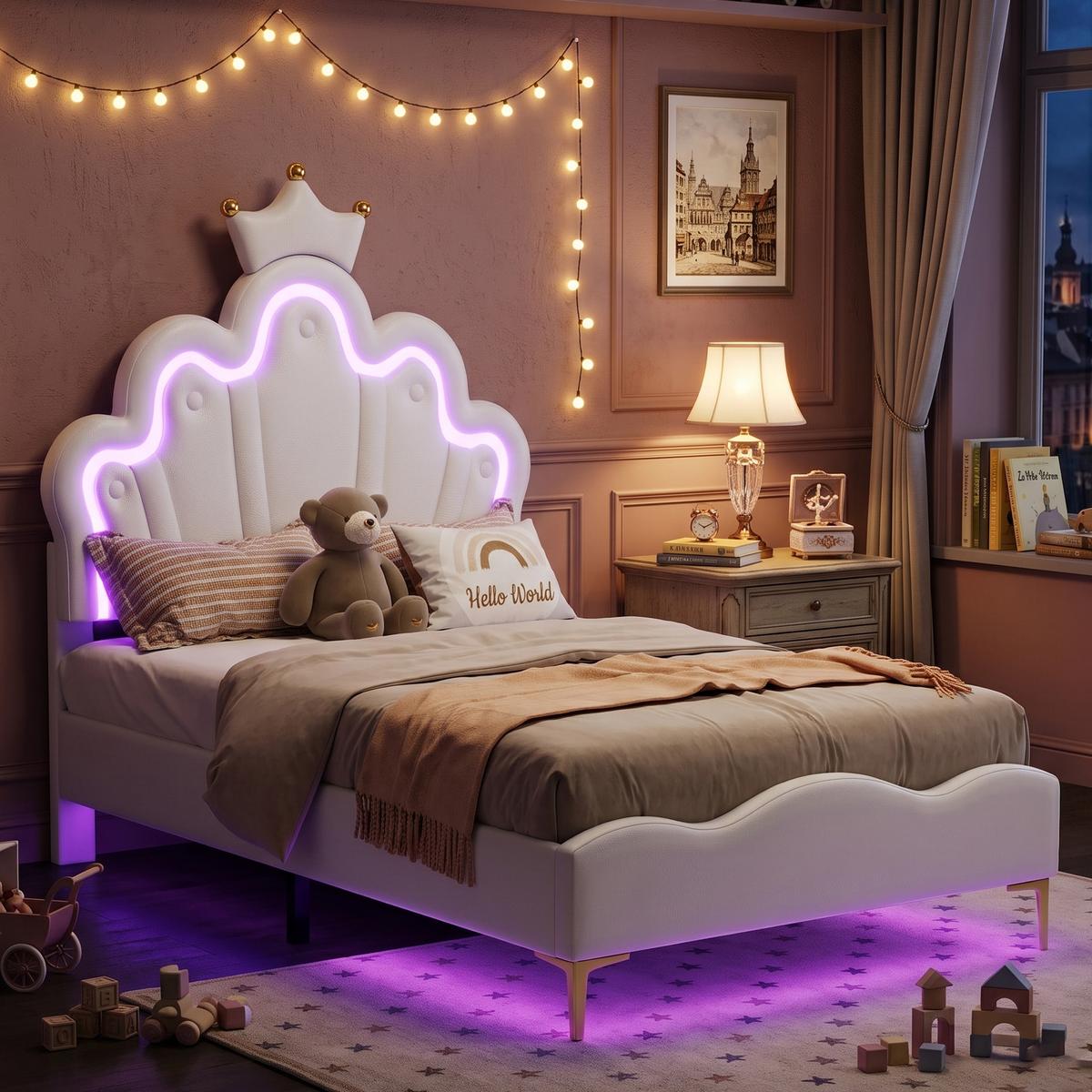POLSTERBETT pu prinzessinnen design 90x200cm mit led - Weiß, Leder (90/200cm) - Urban Meuble
