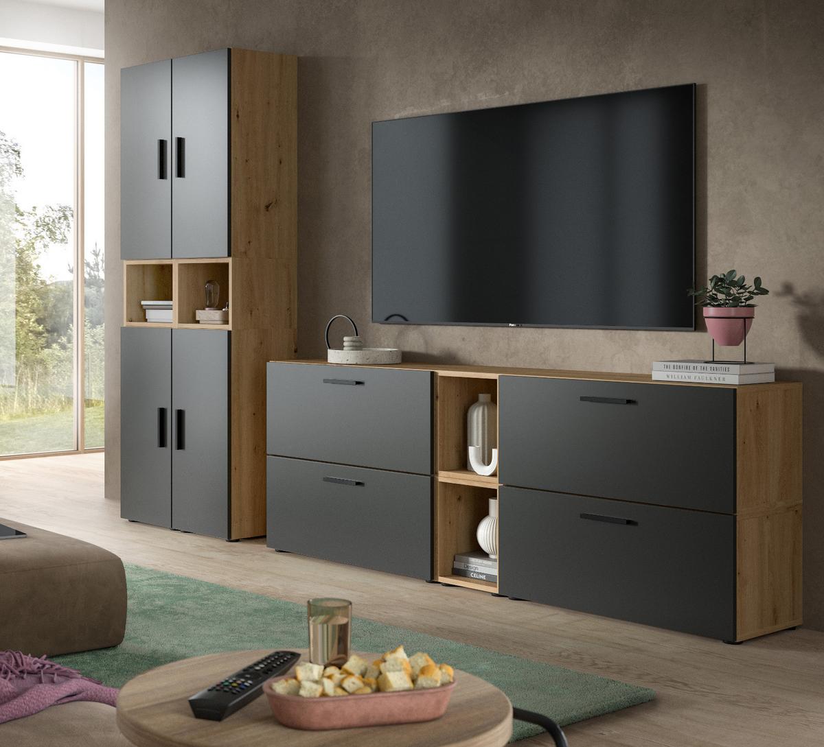 STAURAUMSCHRANK grau, Eiche Artisan 65 x 178 cm, Mehrzweckschrank mit viel Stauraum - Schwarz/Eiche Artisan, Holzwerkstoff/Kunststoff (65/178/34cm) - Inn.Furn