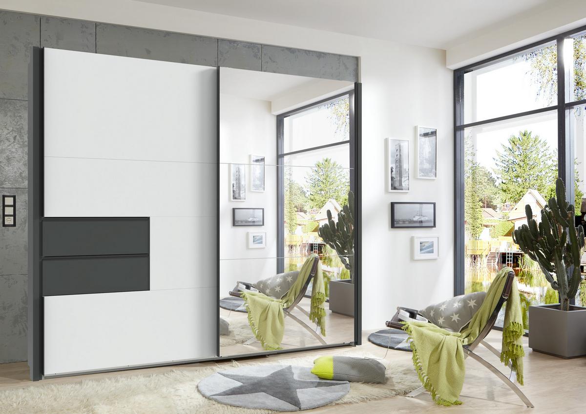 SCHWEBETÜRENSCHRANK 2-türig B262/H216/T65 cm, Korpus&Passepartout&Schubladen Grafit, Türen Weiß/Spiegel, Kleiderschrank inkl. Vollausstattung / 22059 - Bordeaux/Graphitfarben, Holzwerkstoff/Metall (262/216/65cm) - luma-home