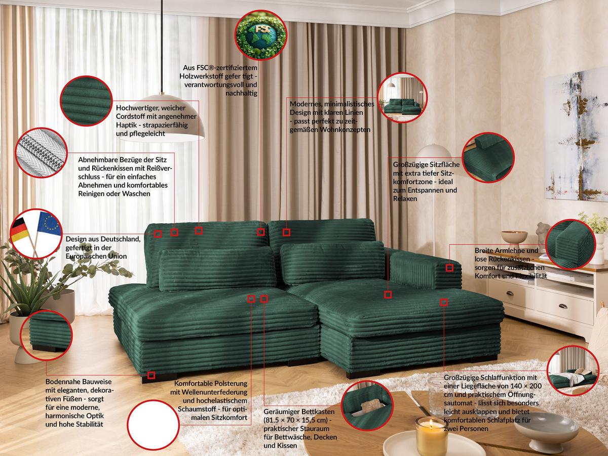 ECKSOFA Wolke mit tiefer Sitzfläche, Schlaffunktion und praktischem Bettkasten aus weichem Grün Cordstoff - Schwarz/Grün, Holz/Kunststoff (225/162cm) - S-Style