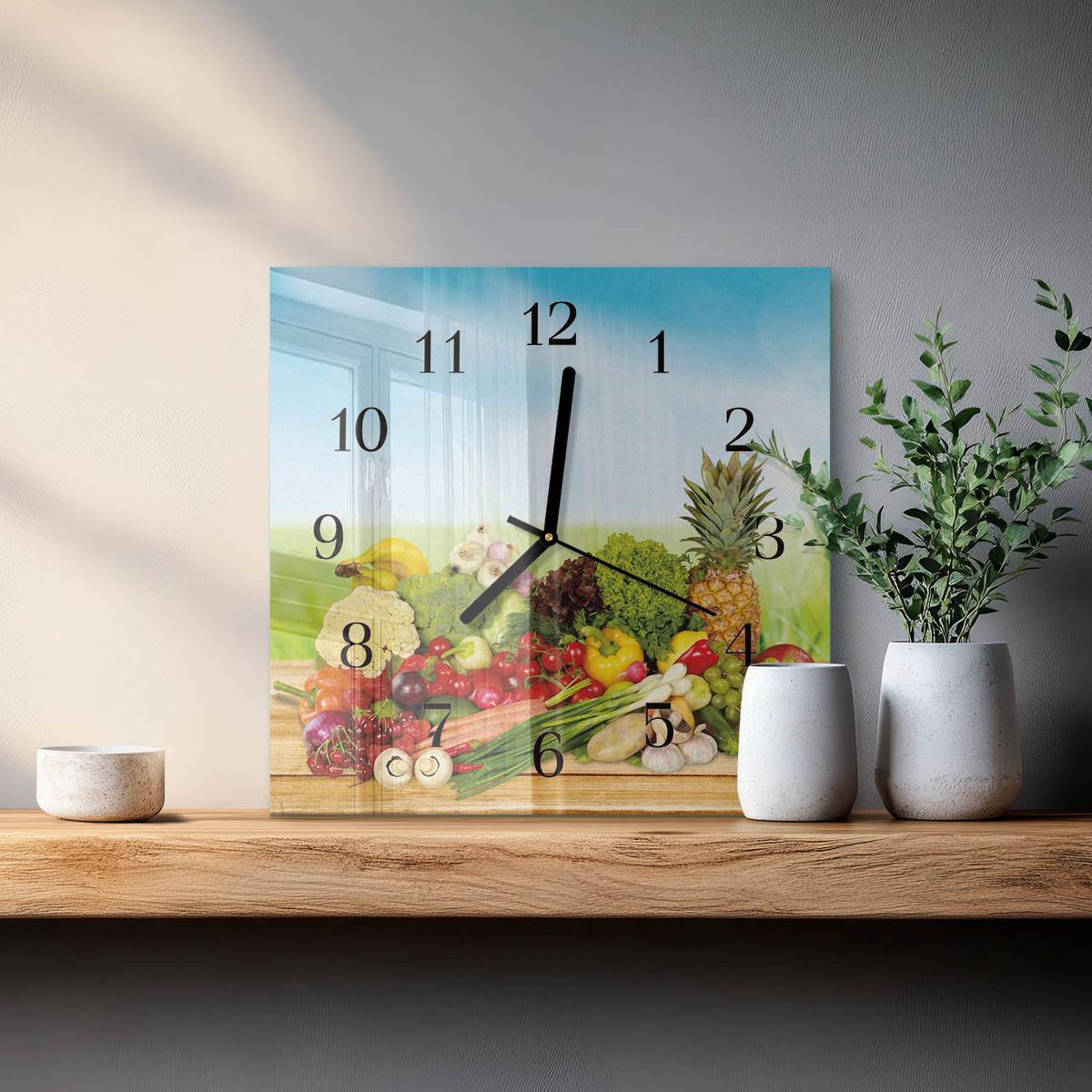 WANDUHR aus Glas 30x30 cm - Gemüse Obst - Multicolor, Glas (30/30/0.4cm) - TULUP