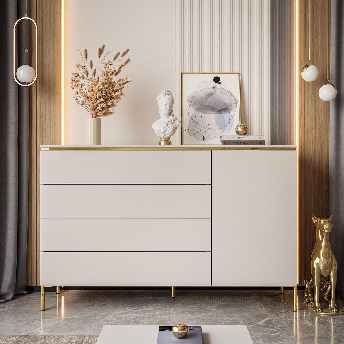 KOMMODE AURORA 4S1D Kaschmir mit gerade Goldchrom Fuße - Kaschmir/Goldfarben, Holzwerkstoff/Metall (140/91/40cm) - Lookway