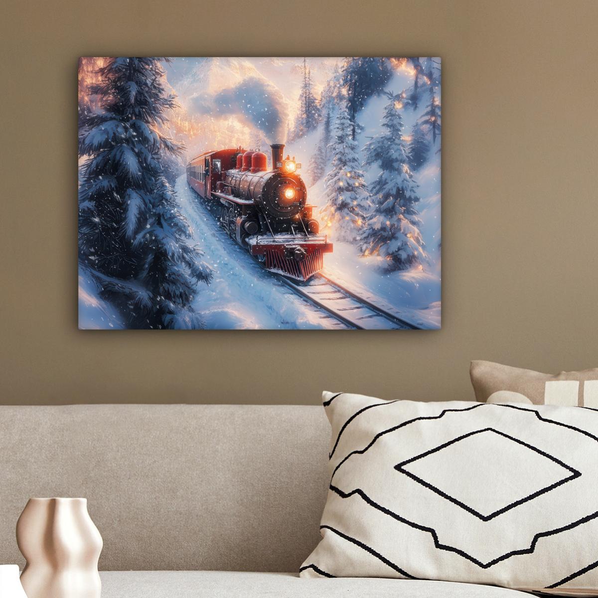 LEINWANDBILD Weihnachtszug - Schnee - Winter - Weihnachten Wandbild 40x30 cm - Dunkelrot, Textil (40/30cm) - MuchoWow