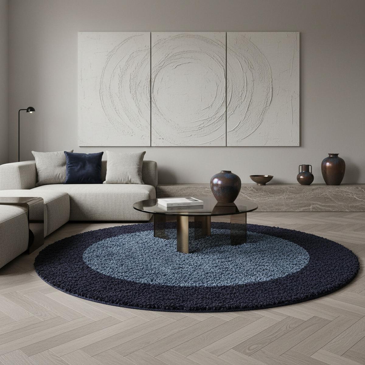 HOCHFLORTEPPICH RHEIN, mit Bordüre, Marineblau, Ø 160 cm - Blau, Textil (160/160cm) - KADIMA DESIGN
