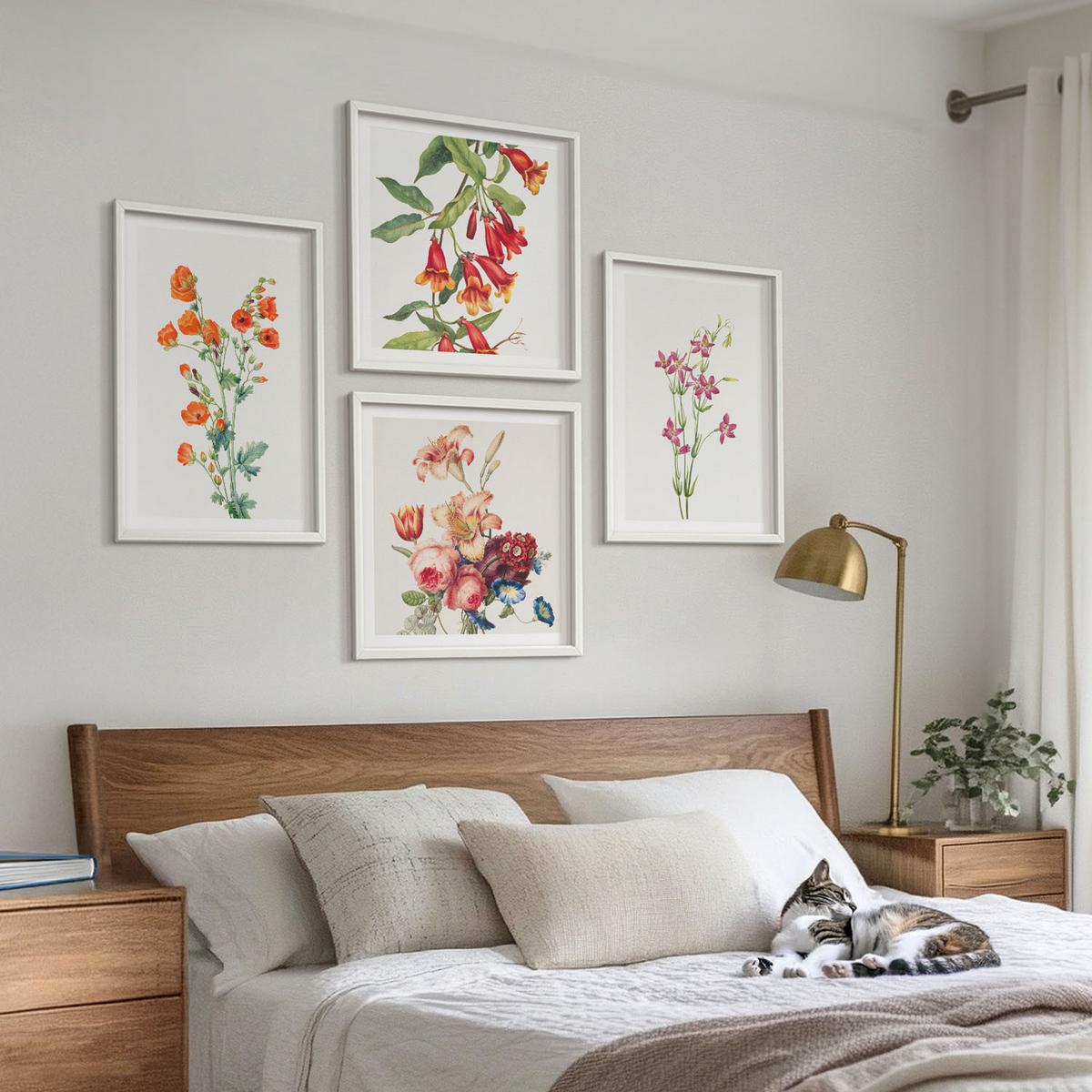BILDER SET 4er Set - 50x50 cm & 40x60 cm Weißer Rahmen - Blumenmalerei im Retro-Stil - Weiß, Kunststoff (50/50cm) - TULUP
