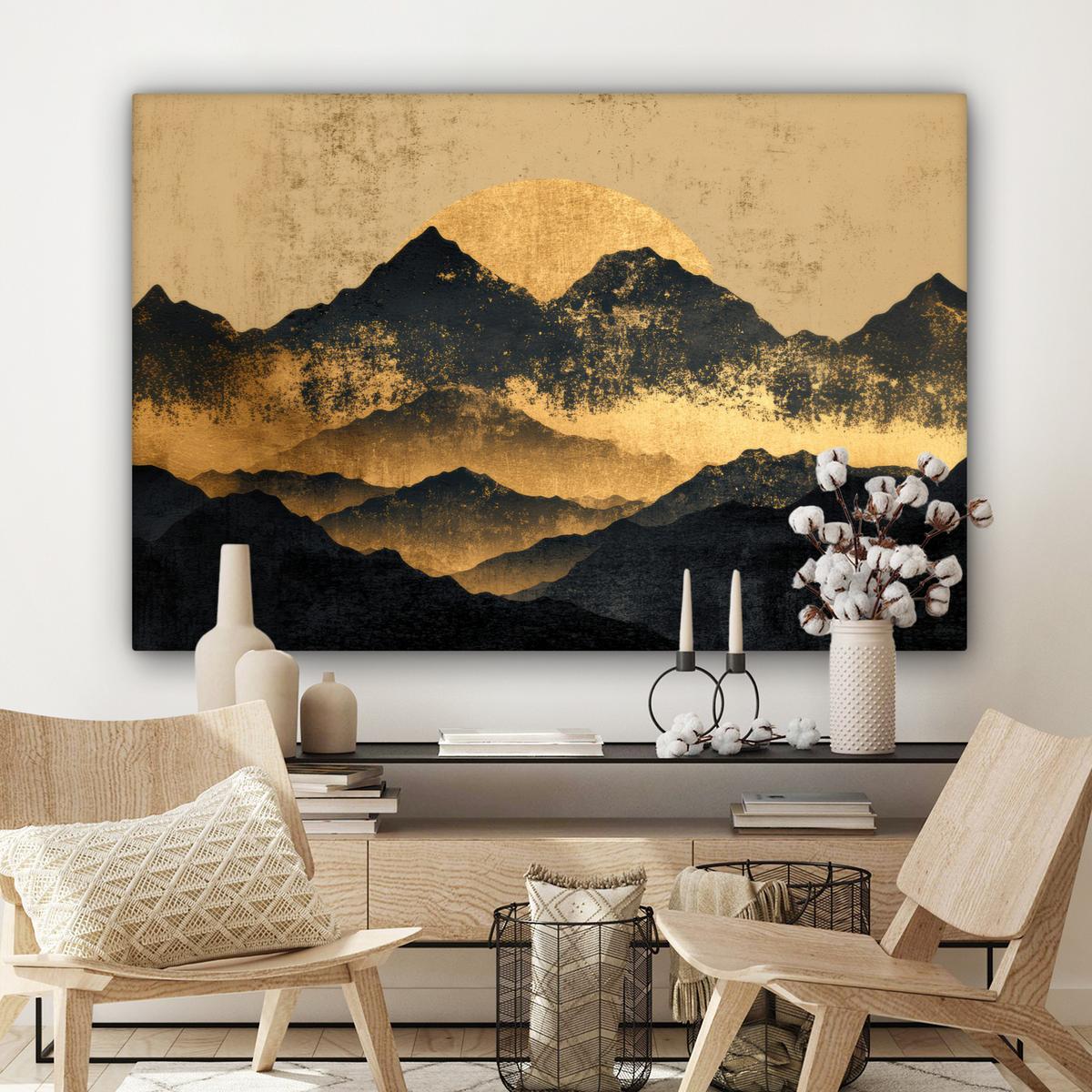 LEINWANDBILD Goldene Berge bei Mondschein Wohnzimmer Groß 120x80 cm - Goldfarben, Textil (120/80cm) - MuchoWow