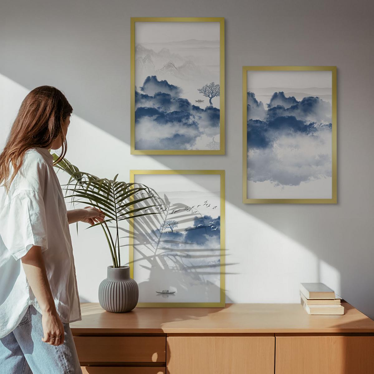 BILDER SET 3er Set - 40x60 cm Goldrahmen - Berge, Wolken, Bäume, Vögel - Goldfarben, Kunststoff (40/60cm) - TULUP