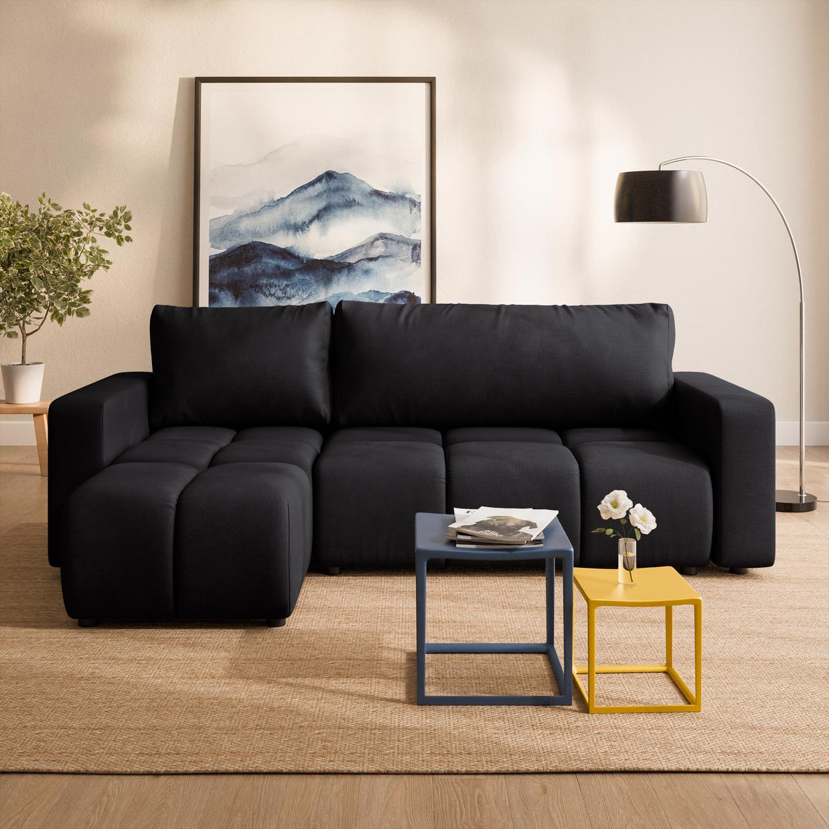 ECKSOFA RAMIL Schwarz Plüsch-Stoff mit Schlaffunktion - Schwarz, Holz (240/149cm) - MASSENO