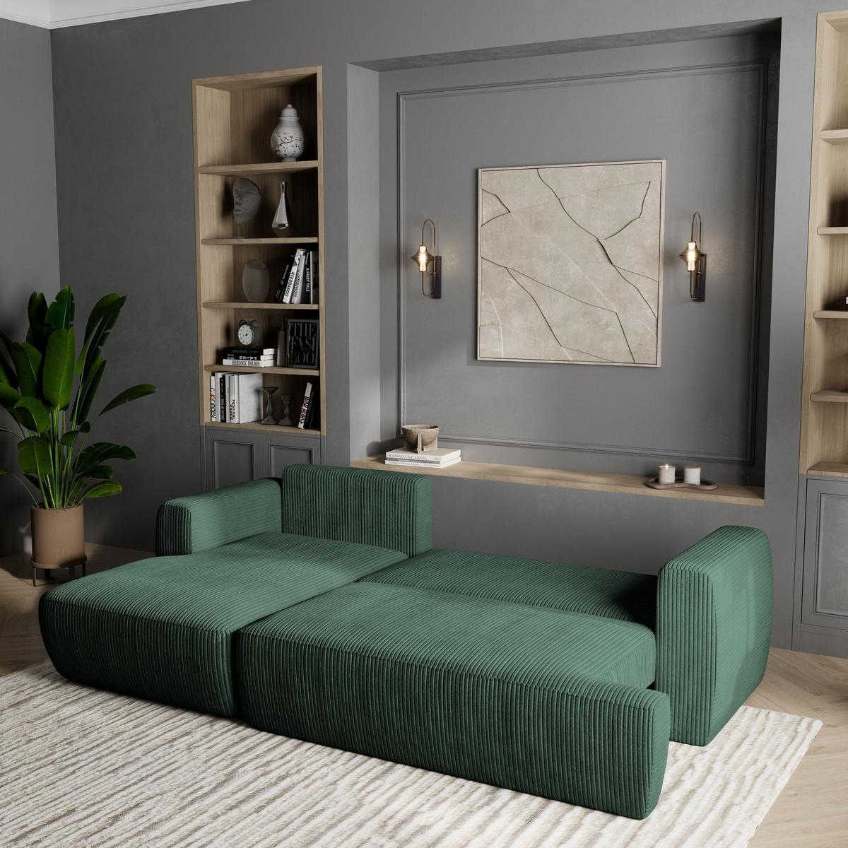 ECKSOFA SENTI P L-S Grün Kordstoff mit Schlaffunktion - Schwarz/Grün, Holz/Kunststoff (246/148cm) - MASSENO