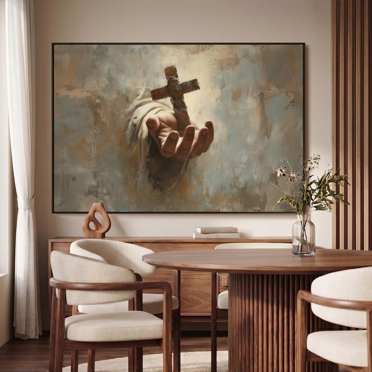 LEINWAND Bilder mit Rahmen - Abstrakt - Kreuz - Hand - Christentum - 150x100 - Hellbraun, Textil (150/100cm) - MuchoWow