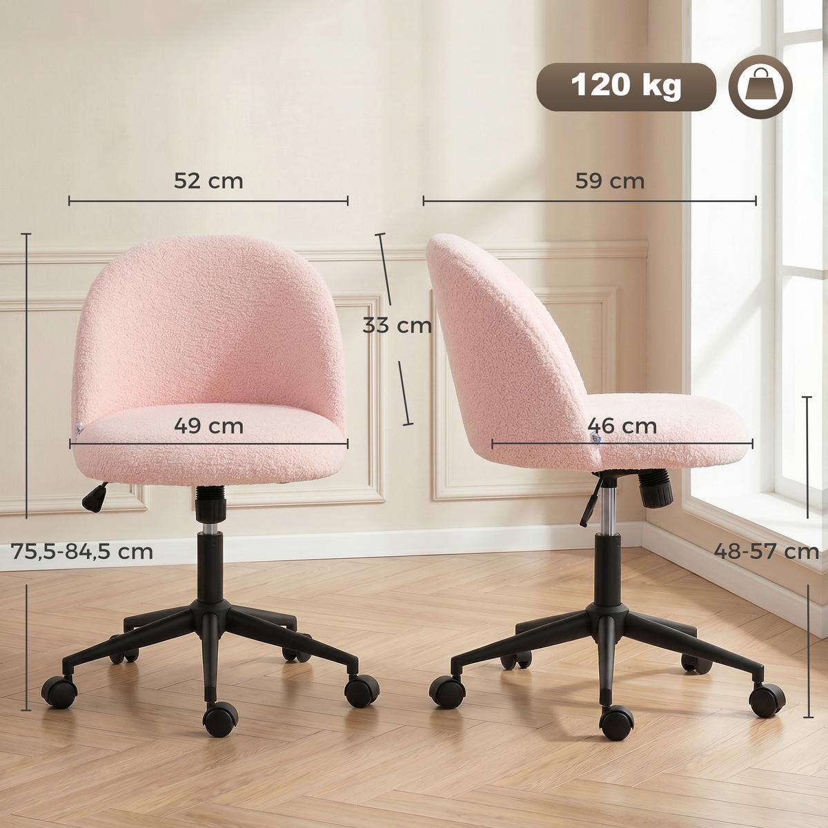 BÜROSTUHL Polyester Rosa - Schwarz/Rosa, Textil/Metall (52/84.5/59cm) - HOMCOM