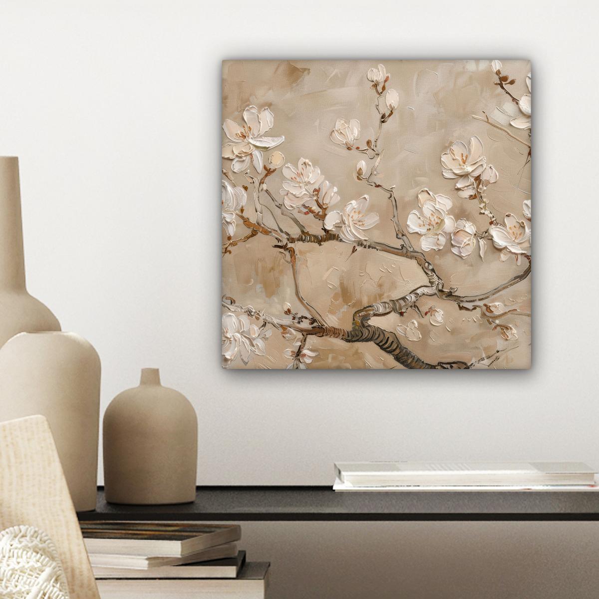 LEINWANDBILD Blumen - Modern - Beige - Weiß - Blüte Deko Wohnzimmer 20x20 cm - Beige, Textil (20/20cm) - MuchoWow