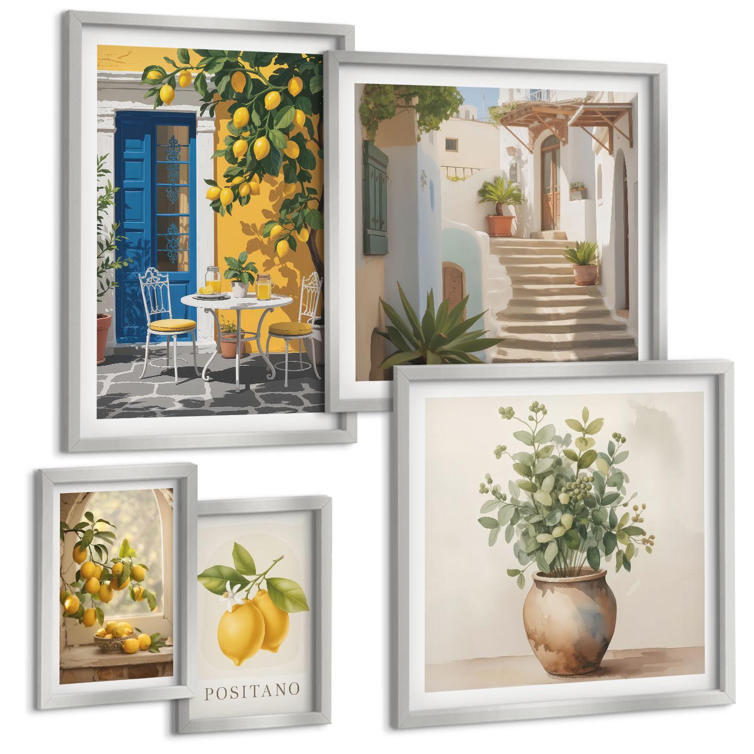 BILDER SET 5er Set - 50x50 cm & 20x30 cm & 40x60 cm Silberner Rahmen - Anker, Boot, Ruder, Strand - Silberfarben, Kunststoff (40/60cm) - TULUP