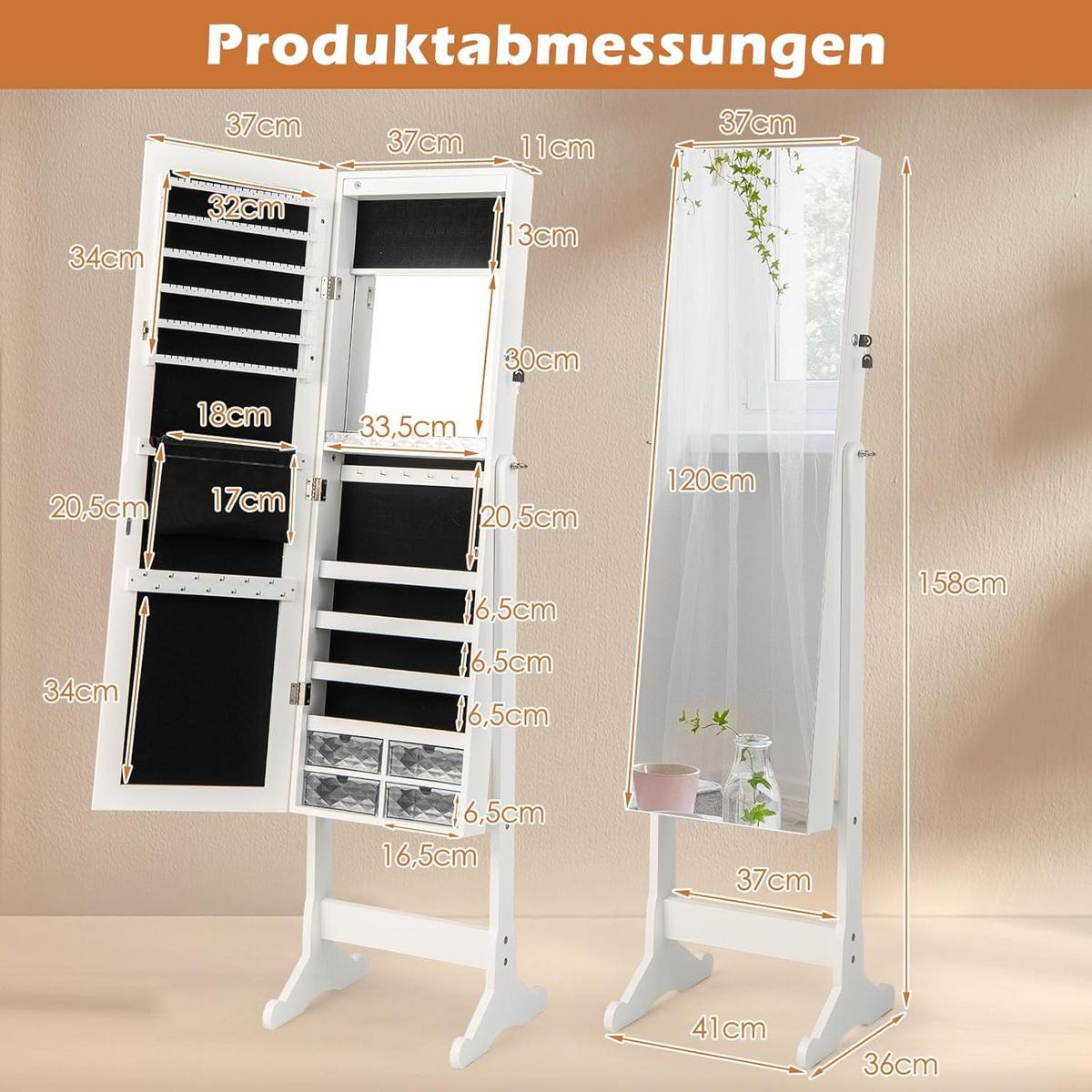 SCHMUCKSCHRANK neigungsverstellbar Weiß - Weiß, Holz (41/158/36cm) - COSTWAY